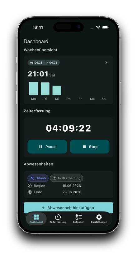 Apandia Mobile Dashboard mit Wochenübersicht und Zeiterfassung